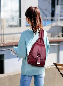 Stylish women soft leather backpack casual large capacity wine red daypack bag