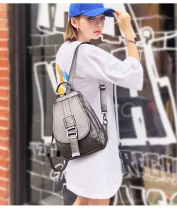 Stylish grey soft leather women backpack casual minimalist daily travel shoulder bag