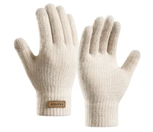 Winter warm touchscreen knitted gloves for men and women, beige wool thermal gloves detail.