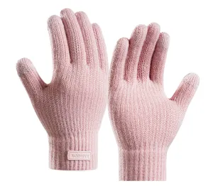 Pink winter knitted touchscreen gloves detail view, soft warm fleece thermal fabric design.