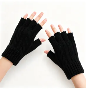 Detail view of black knit fingerless gloves, winter warm half finger handwear for typing.