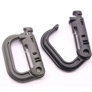 Plastic tactical carabiner detail view, durable snap hook for outdoor gear and bags.