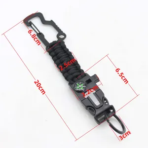 Llavero de supervivencia multifuncional de paracord para exteriores con mosquetón y brújula.