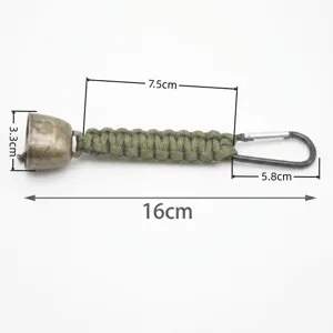 Outdoor hiking bear bell with paracord and metal carabiner detail view displaying size dimensions
