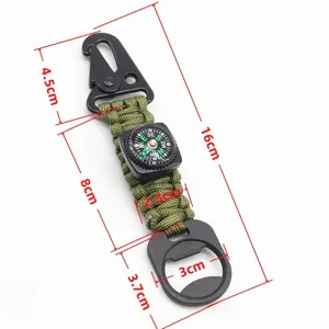 Portachiavi tattico in paracord da esterno con bussola e apribottiglie per campeggio.