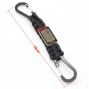 Black paracord survival lanyard keychain with metal carabiner and US flag tag 18cm