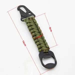 Tactical paracord keychain with carabiner and bottle opener, durable outdoor gear tool.
