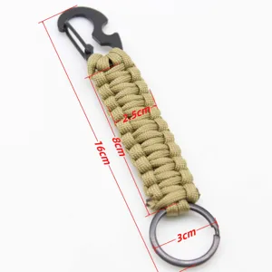 Paracord keychain with bottle opener, 16cm tactical survival rope backpack pendant, khaki.