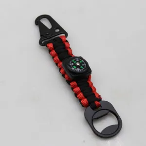 Portachiavi in paracord tattico da esterno con moschettone, bussola e apribottiglie.