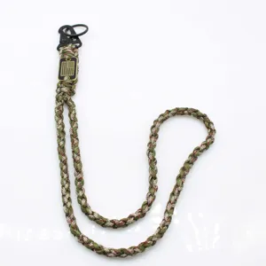 Detailed close-up of tactical paracord lanyard with metal snap hook and patriotic flag tag.