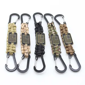 Outdoor Survival Paracord Keychain Braided Lanyard With Metal Carabiner And American Flag Metal Tag Key Ring