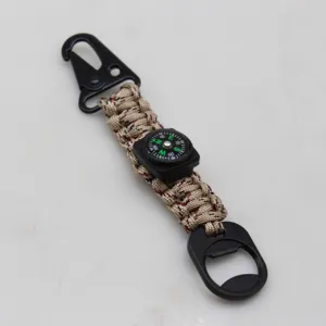 Portachiavi in paracord da sopravvivenza all'aperto con moschettone, bussola e apribottiglie.