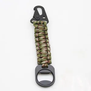 Tactical paracord keychain with carabiner and bottle opener, durable outdoor gear detail view.