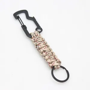 Vista detallada en primer plano del llavero mosquetón de tiburón paracord con anillo.