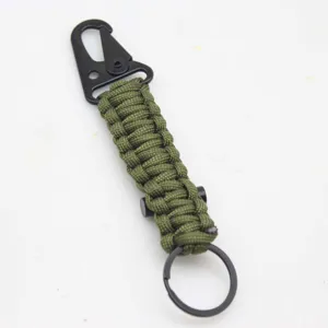 Tactical paracord keychain with metal carabiner, durable outdoor multi-use braided tool.