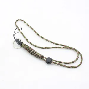 Camouflage 7-core paracord lanyard with metal key ring and plastic buckle for phone camera.