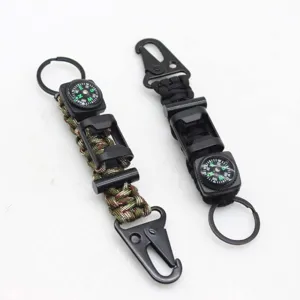 Multifunctional outdoor survival paracord keychain with tactical compass and metal carabiner hook.