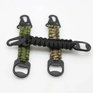 Tactical paracord keychain with metal carabiner and bottle opener for outdoor camping.