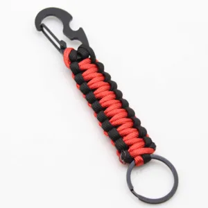 Black and red paracord keychain with metal carabiner bottle opener for outdoor tactical use.
