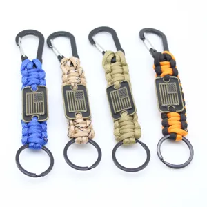 Handmade 7-core paracord keychain with metal carabiner and flag plate for outdoor emergency.