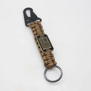 Outdoor tactical paracord keychain with carabiner and metal US flag tag for daily use.