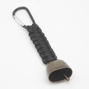 Outdoor hiking bear bell paracord keychain, vintage bronze bell with black carabiner clip.
