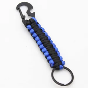 Handmade black and blue paracord keychain with multi-functional bottle opener carabiner.