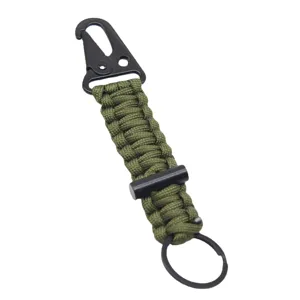Tactical paracord keychain with carabiner and magnesium fire starter for outdoor survival.