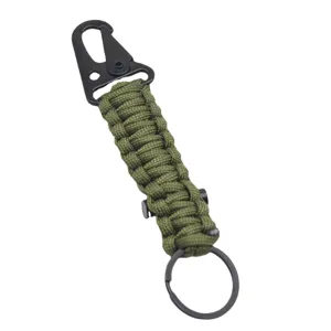 Military green paracord keychain with black metal carabiner and key ring for outdoor use.