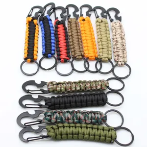 Handmade paracord keychain with carabiner bottle opener, multi-color outdoor tactical pendant.