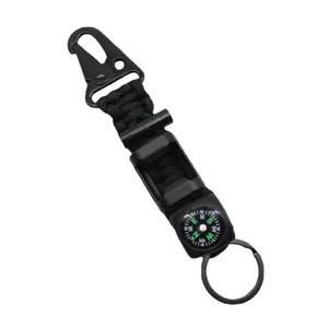 Multi-functional outdoor survival paracord keychain with compass, fire starter and carabiner.