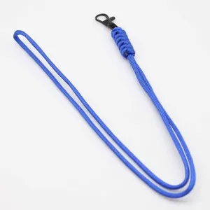 Detailed view of blue paracord lanyard, durable woven nylon strap with black metal lobster clasp.