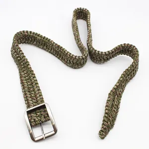 Close-up detail of the durable woven paracord belt with sturdy metal buckle for outdoor.
