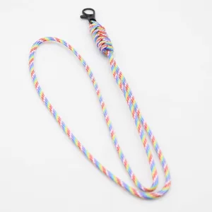 Detailed shot of colorful rainbow paracord lanyard with black metal clasp for keys.