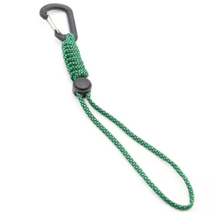 Outdoor tactical paracord lanyard with black plastic carabiner, ideal for keys and gear.