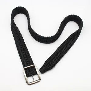 Black paracord survival belt closeup, handmade 7-core woven tactical utility belt detail view.