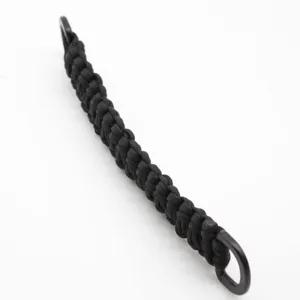 Black paracord braided handle detail, durable 7-core strap with metal loops for outdoor bags.