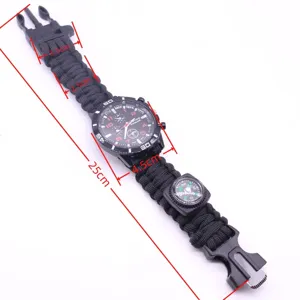 Multifunctional outdoor survival paracord watch with compass and fire starter, detail view.