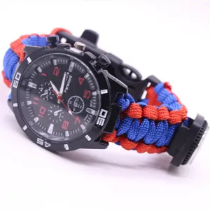 Detailed view of the multi-functional outdoor survival paracord watch with braided strap.