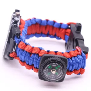 Outdoor multi-function survival paracord watch with compass, blue and red braided strap.