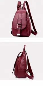 Women's soft leather backpack stylish casual daypack front flap pocket red travel school bag