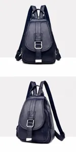 Close-up detail of soft leather backpack showing buckle closure and dual shoulder straps.