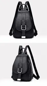 Black soft leather women backpack casual large capacity stylish daily travel book bag