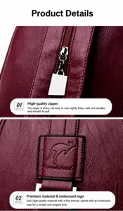 Women soft leather backpack bag close-up detail view showing premium zipper and embossed logo.