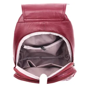 Wine red soft leather women backpack casual daily travel large capacity school bag