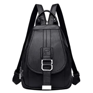 Stylish black leather backpack for women, minimalist daily casual shoulder bag with large capacity.