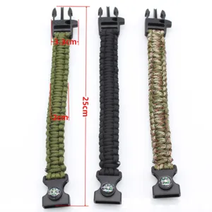 Survival paracord bracelet detail with compass and buckle, showing product dimensions clearly.