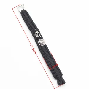 Black paracord survival bracelet with Spartan helmet charm and shackle clasp 23.5cm