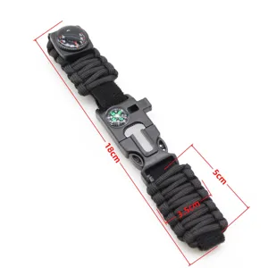Outdoor multi-function paracord survival bracelet with compass, durable nylon cord for emergency use.
