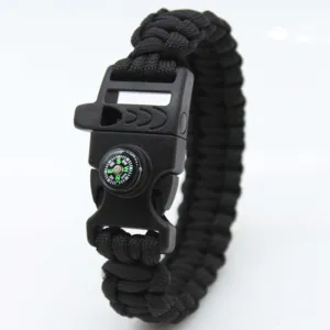 Black paracord survival bracelet with compass whistle outdoor emergency tool wrist rope